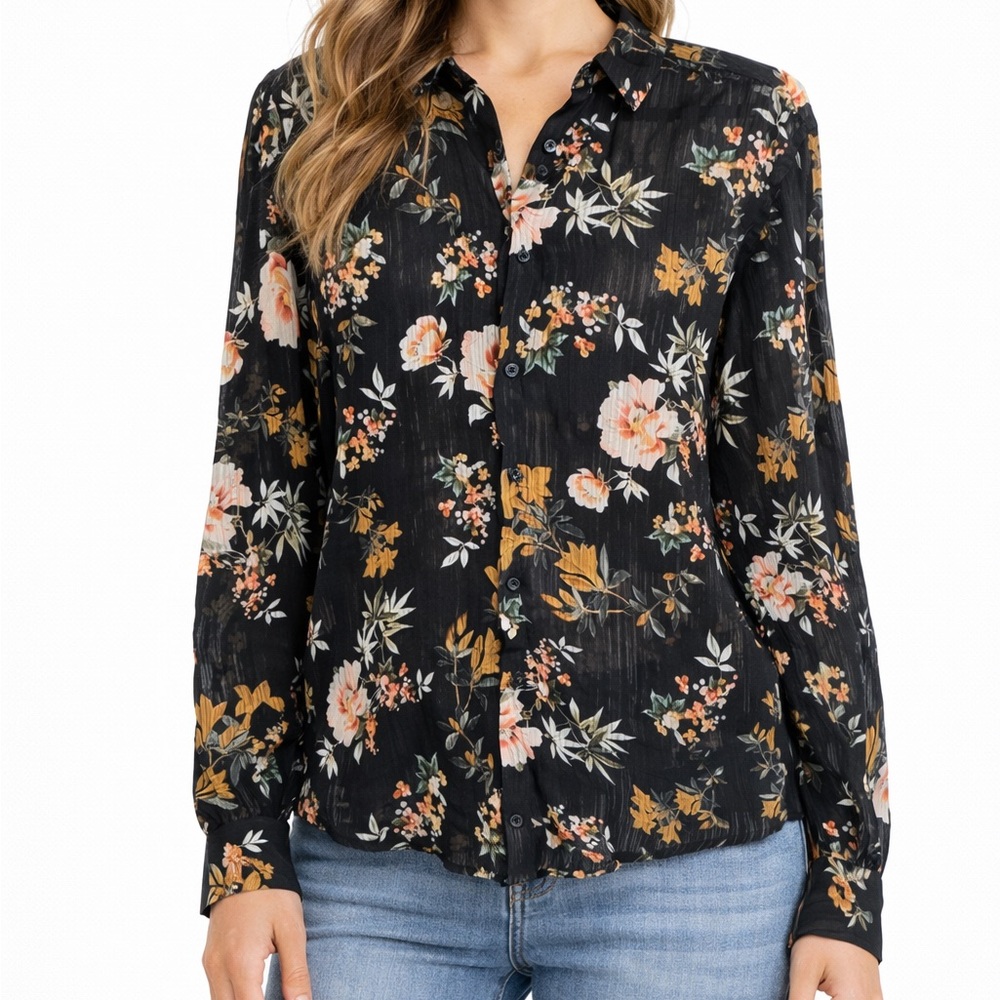Zara Black Floral Sheer Relaxed Fit Long Sleeve Button Down Medium